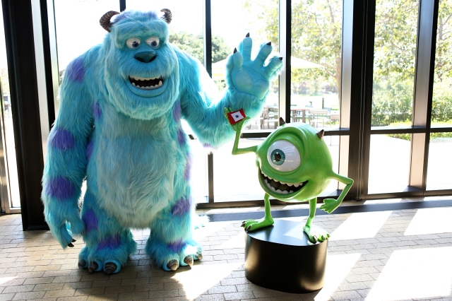 Sullye and Mike, Monsters Inc with Our Dad's Flag at Pixar Animation Studios, CA.